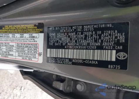 2005 Toyota Camry Se из США, поврежденный, VIN 4T1BE32K95U613269